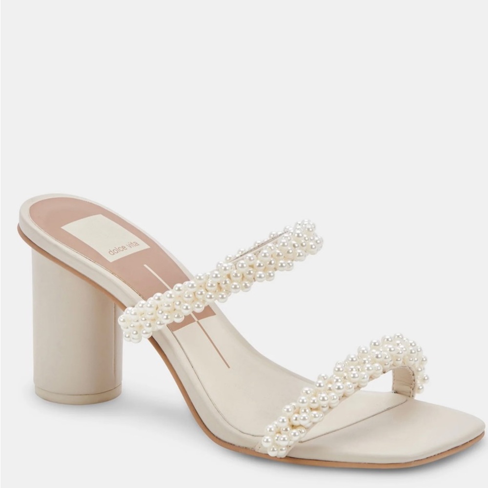 Dolce Vita Pearl-Embellished Cream Block Heel Sandals